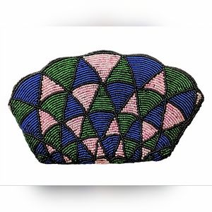 Vintage 80's Neiman Marcus Hand Beaded Shell Shaped Geometric Clutch with Zipper